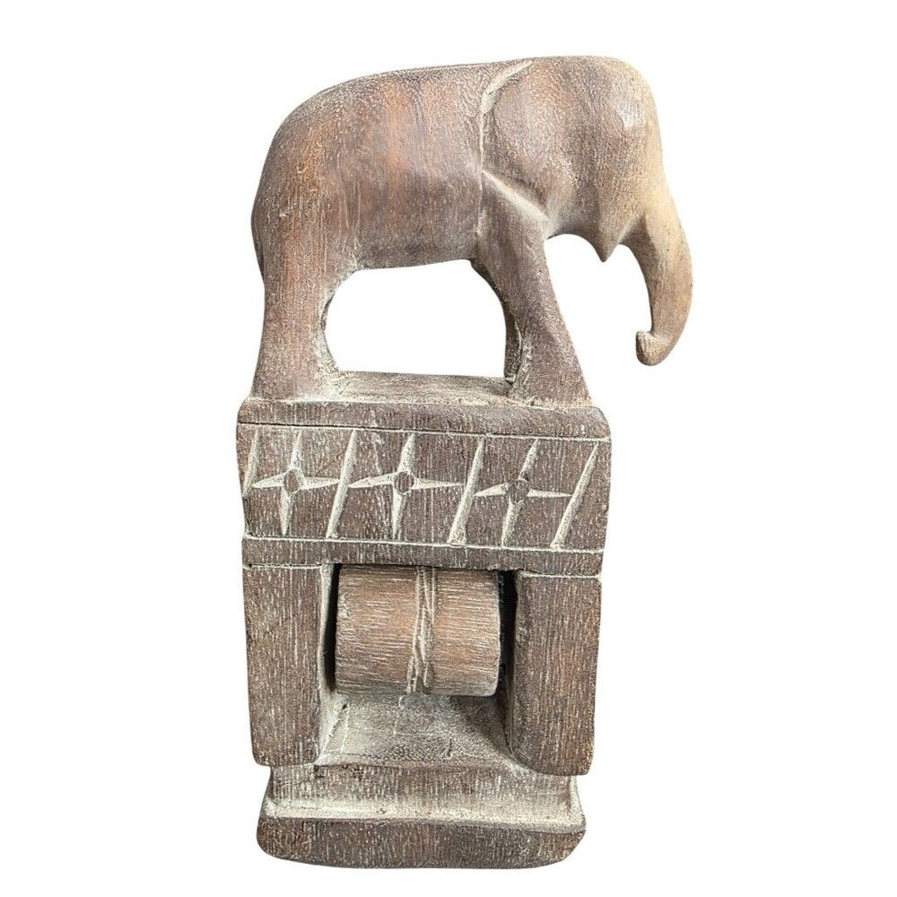 Vtg Hand Carved Wooden Elephant Figurine With Roller Tribal Folk Art